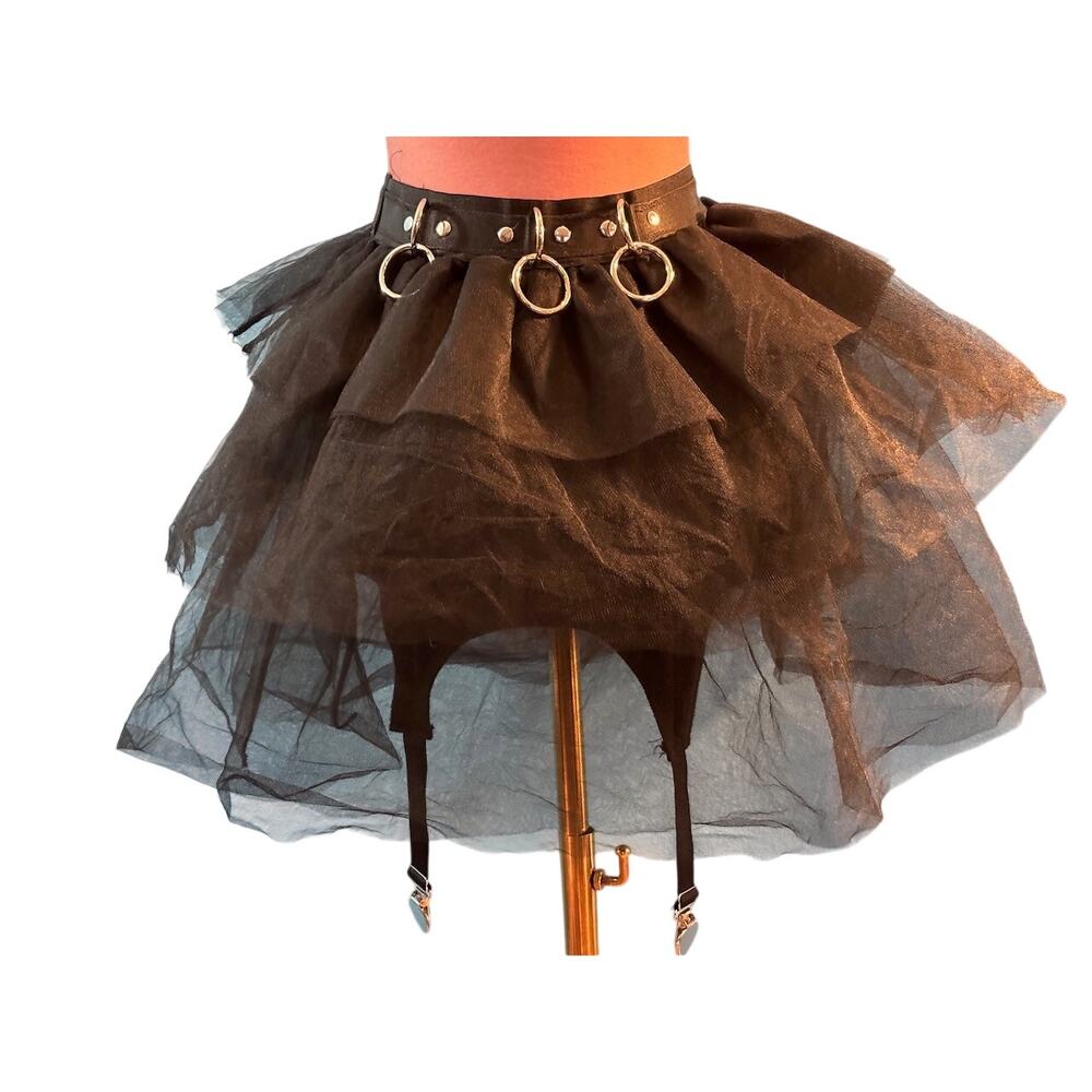 Widow Dolls Kill Blk Skirt w Tulle Metal D/O Rings on Waistband Stocking Clip S